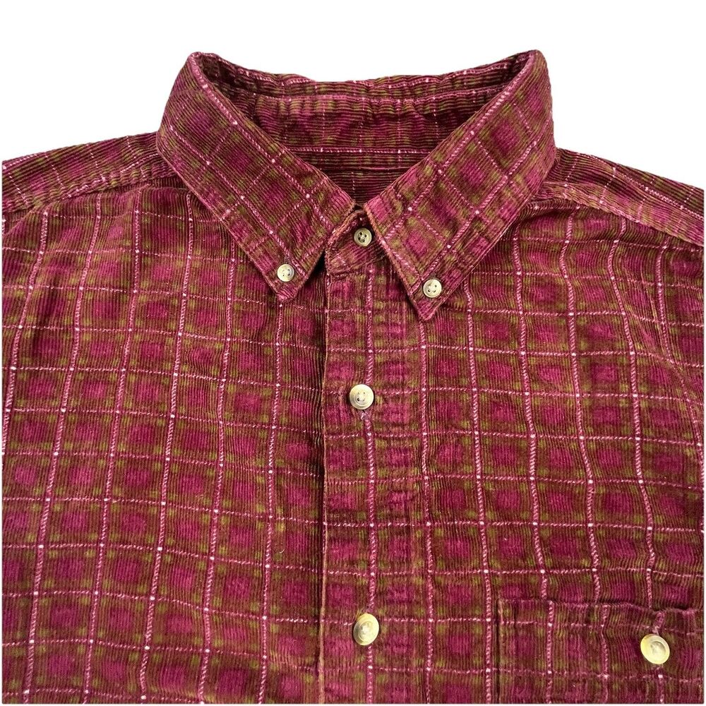 Vintage Woolrich Corduroy Shirt Mens 2XL Maroon Plaid Long Sleeve Button Down